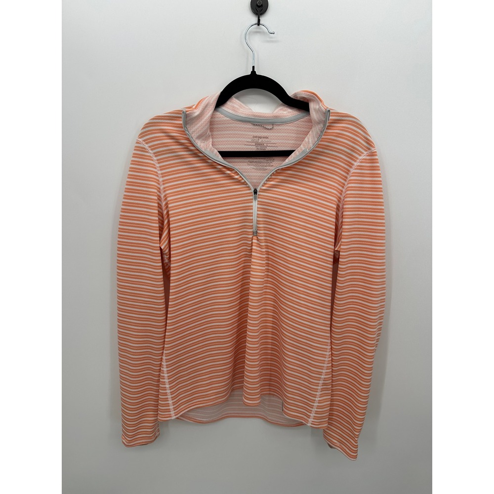 Patagonia Women L Capilene 3 Midweight Polartec Quarter Zip Striped Orange Large